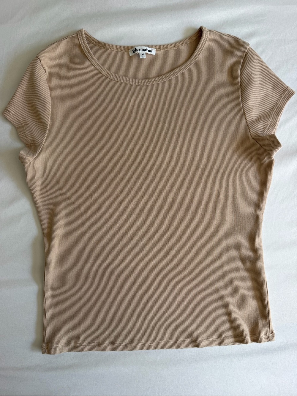Reformation "Muse" Sand Tan Neutral Ribbed Baby Cropped Tee Shirt